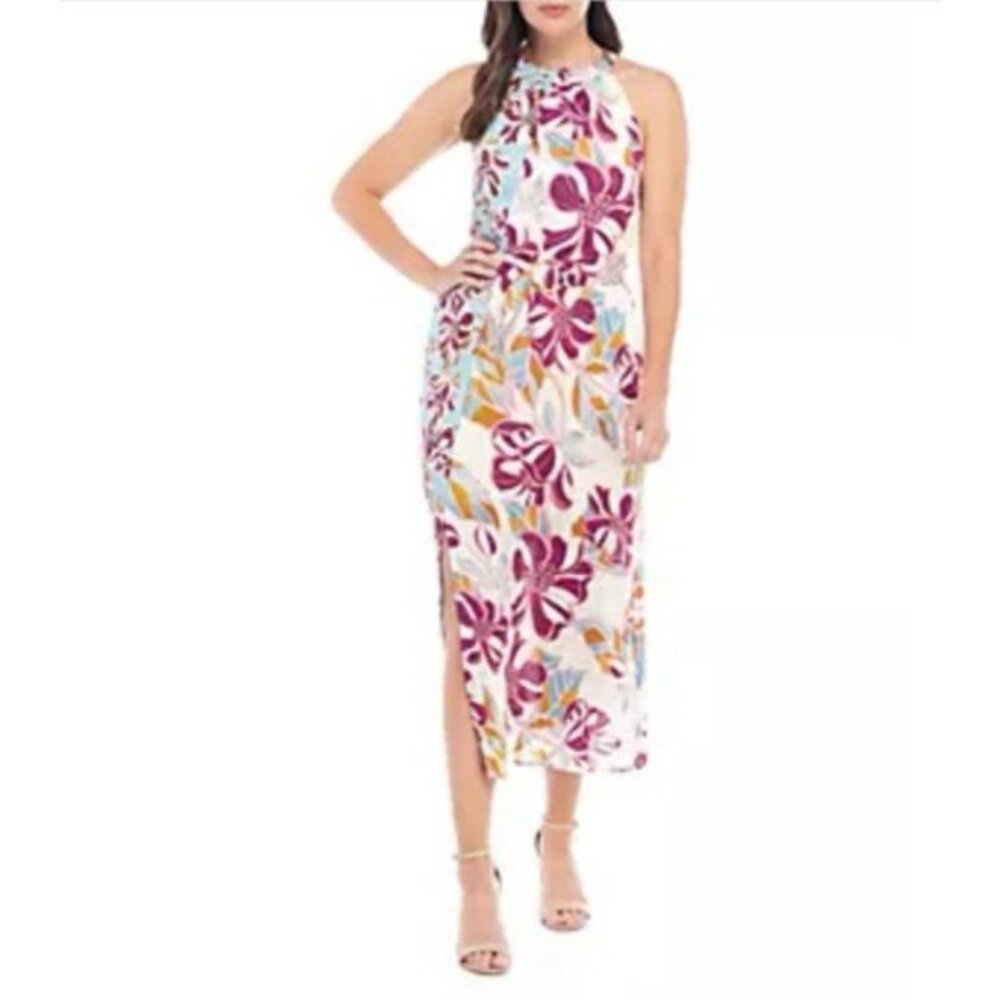 Ellen Tracy Maxi Dress L Large Blue Orange Cream Purple Floral Pockets Washable
